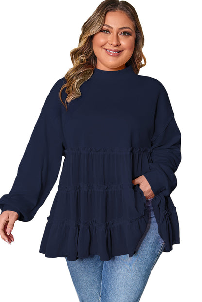 Navy Blue Tiered Ruffle Ribbed Crew Neck Pullover Plus Size Top