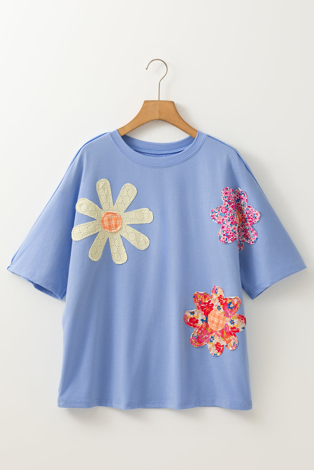 Sky Blue Flower Patched Exposed Stitching Trim Crew Neck Loose Tee