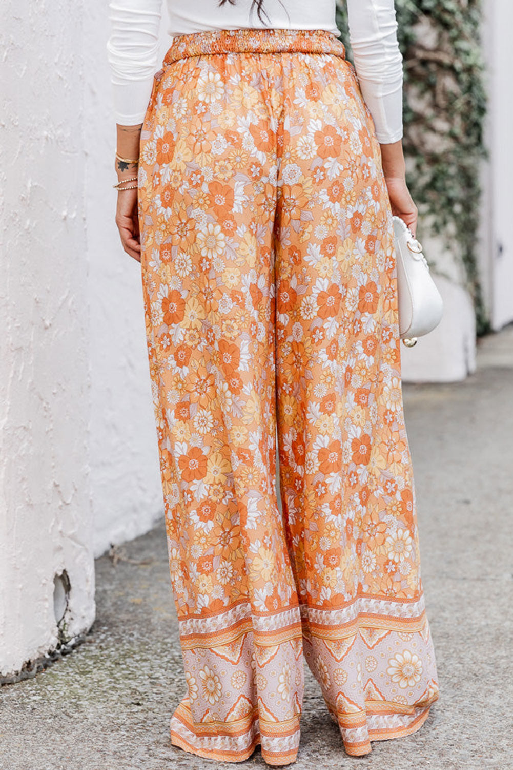 Grapefruit Orange Tie Waist Boho Floral Wide Leg Pants Aaria Tees