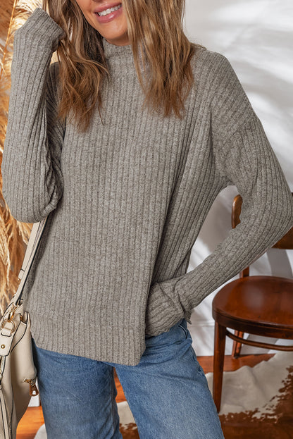 Solid Ribbed Knit Mock Neck Pullover Top