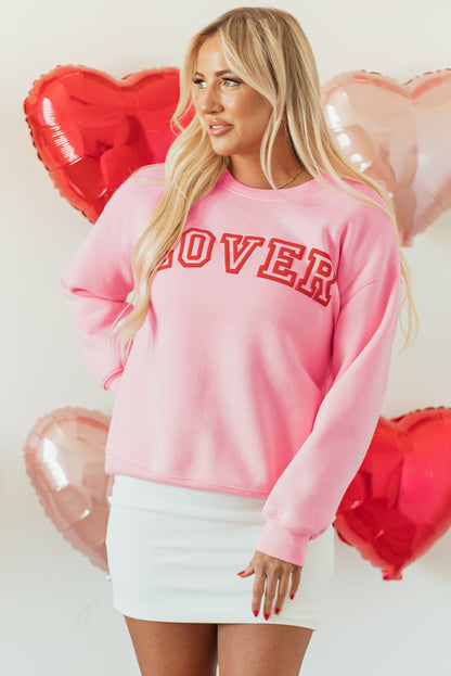 Pink LOVER Puff Print Drop Shoulder Pullover Sweatshirt - Aaria Tees