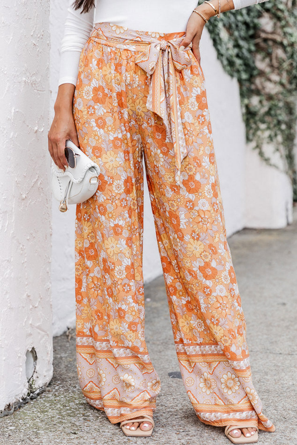 Grapefruit Orange Tie Waist Boho Floral Wide Leg Pants Aaria Tees
