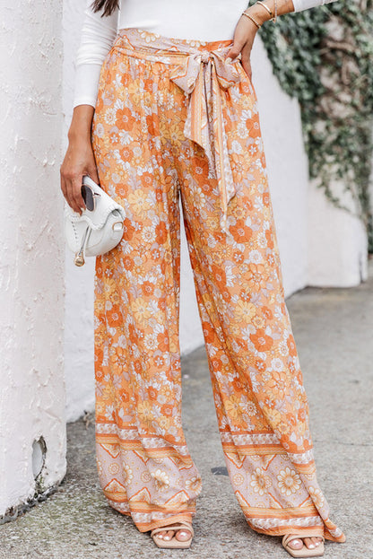 Grapefruit Orange Tie Waist Boho Floral Wide Leg Pants Aaria Tees