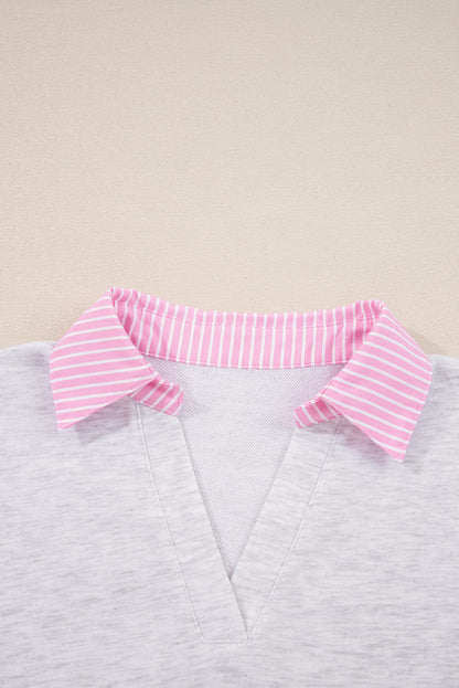 Light Grey 2pcs Contrasted Trim Frilled Collar Drop Shoulder Pullover Drawstring Pant Set