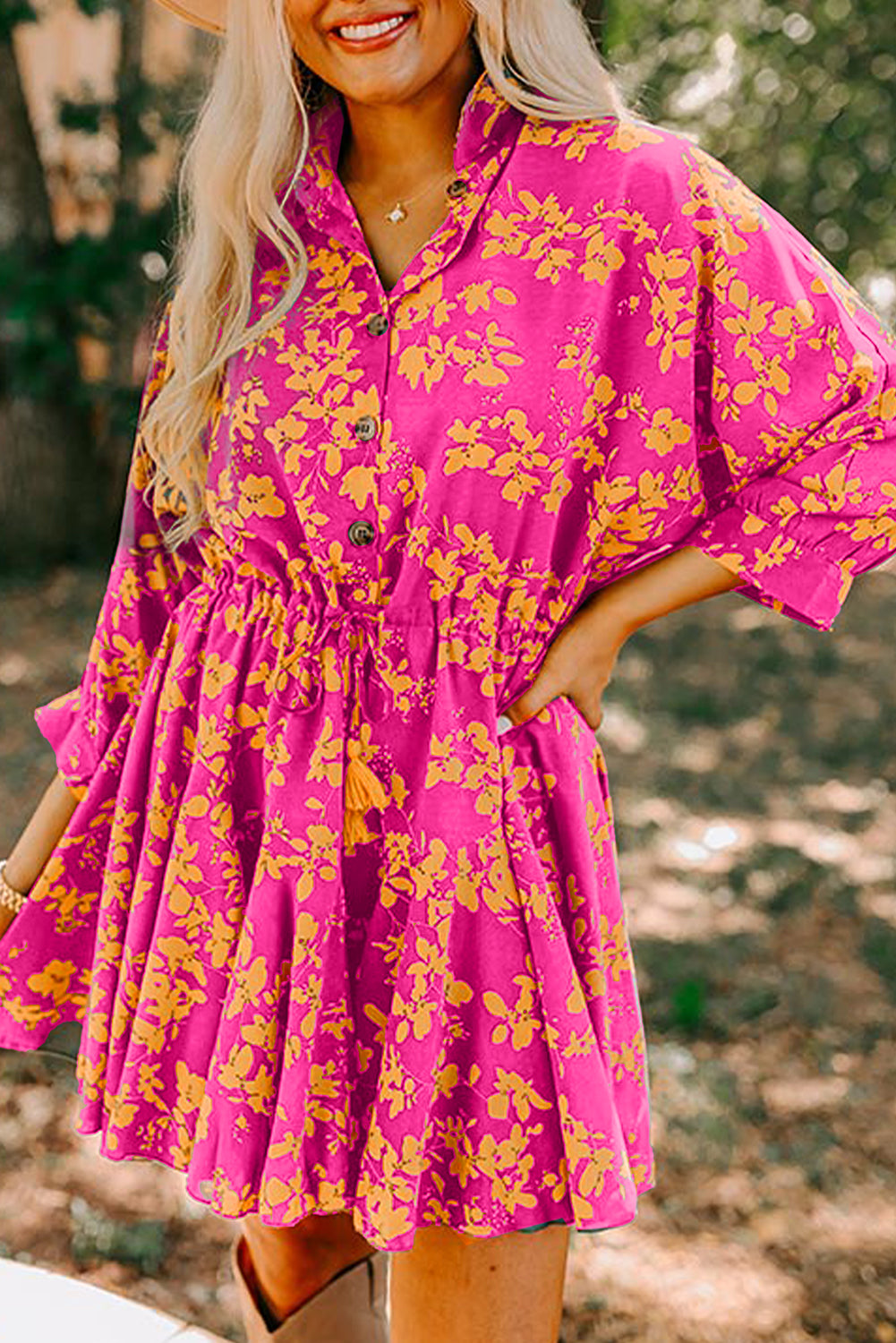 Pink Floral Print Drawstring Tunic Flowy Short Dress - Aaria Tees Aaria Tees