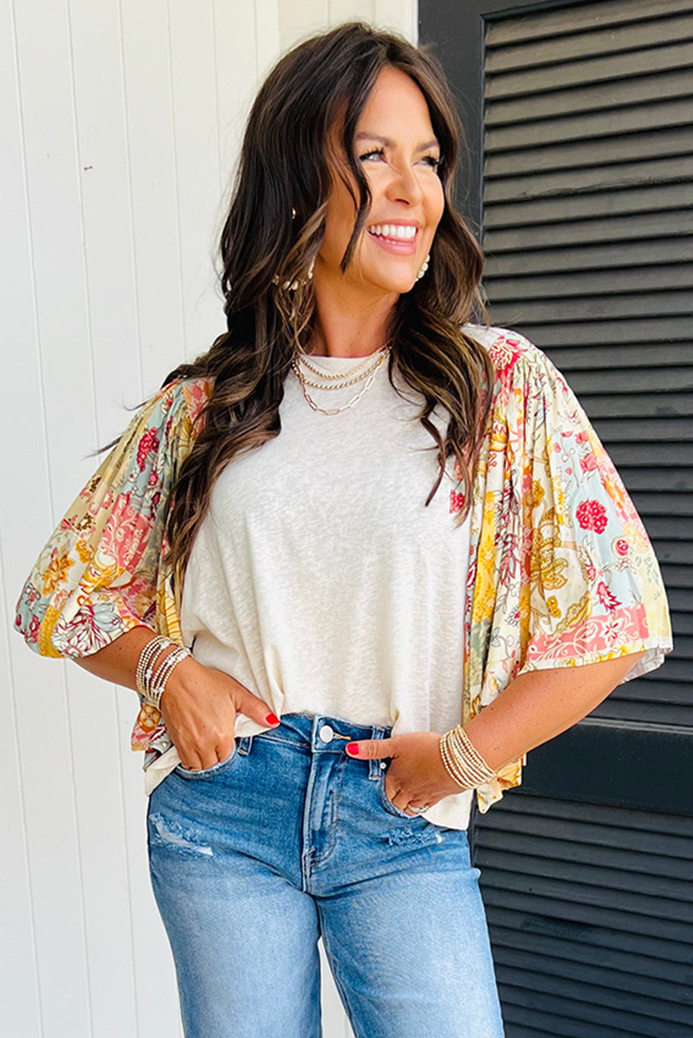 Beige Floral Patchwork Half Batwing Sleeve Blouse Aaria Tees