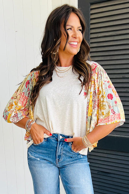 Beige Floral Patchwork Half Batwing Sleeve Blouse Aaria Tees