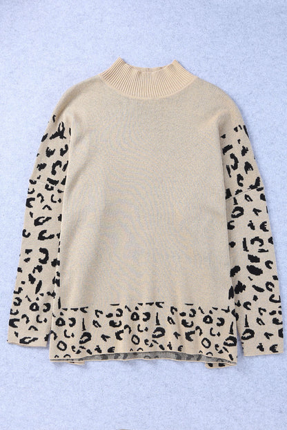 Leopard Mock Neck Side Slit Sweater