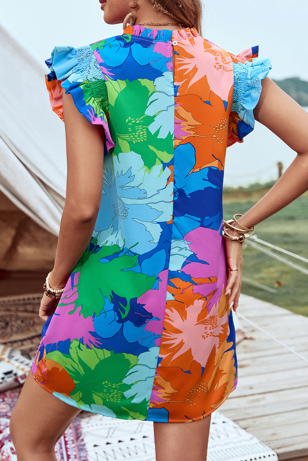 Blue Bold Floral Flutter Sleeve Shift Mini Dress with Pockets Aaria Tees