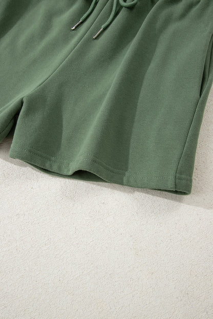 Mist Green Button Drawstring Hooded Pullover and Casual Short Set