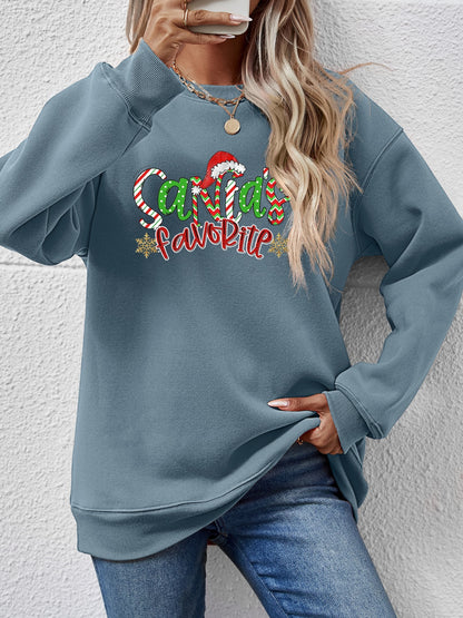 Letter Graphic Round Neck Long Sleeve Sweatshirt - Aaria Tees