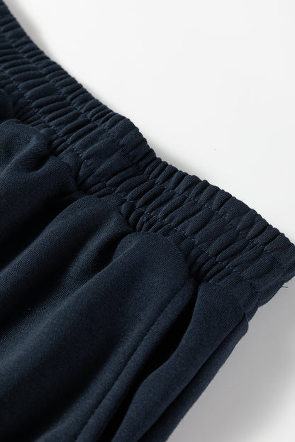 Navy Blue Color Block Patchwork Half Button Pullover and Shorts 2pcs Outfit