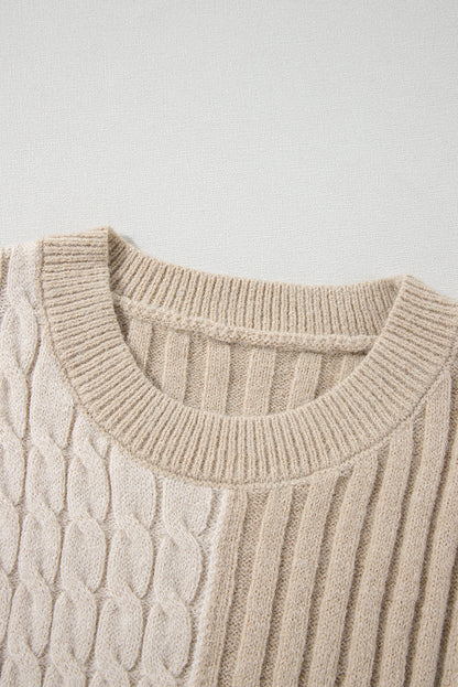 Cable Knit Color Block Crew Neck Sweater Threaded Pear