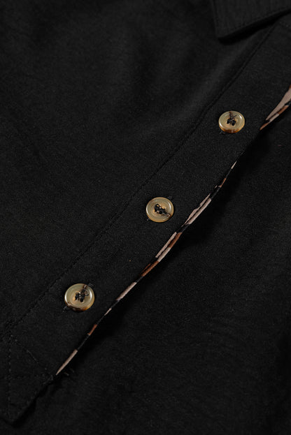 Black Contrast Leopard Print Patchwork Polo Collar Buttons Front Ruffled Long Sleeve Blouse