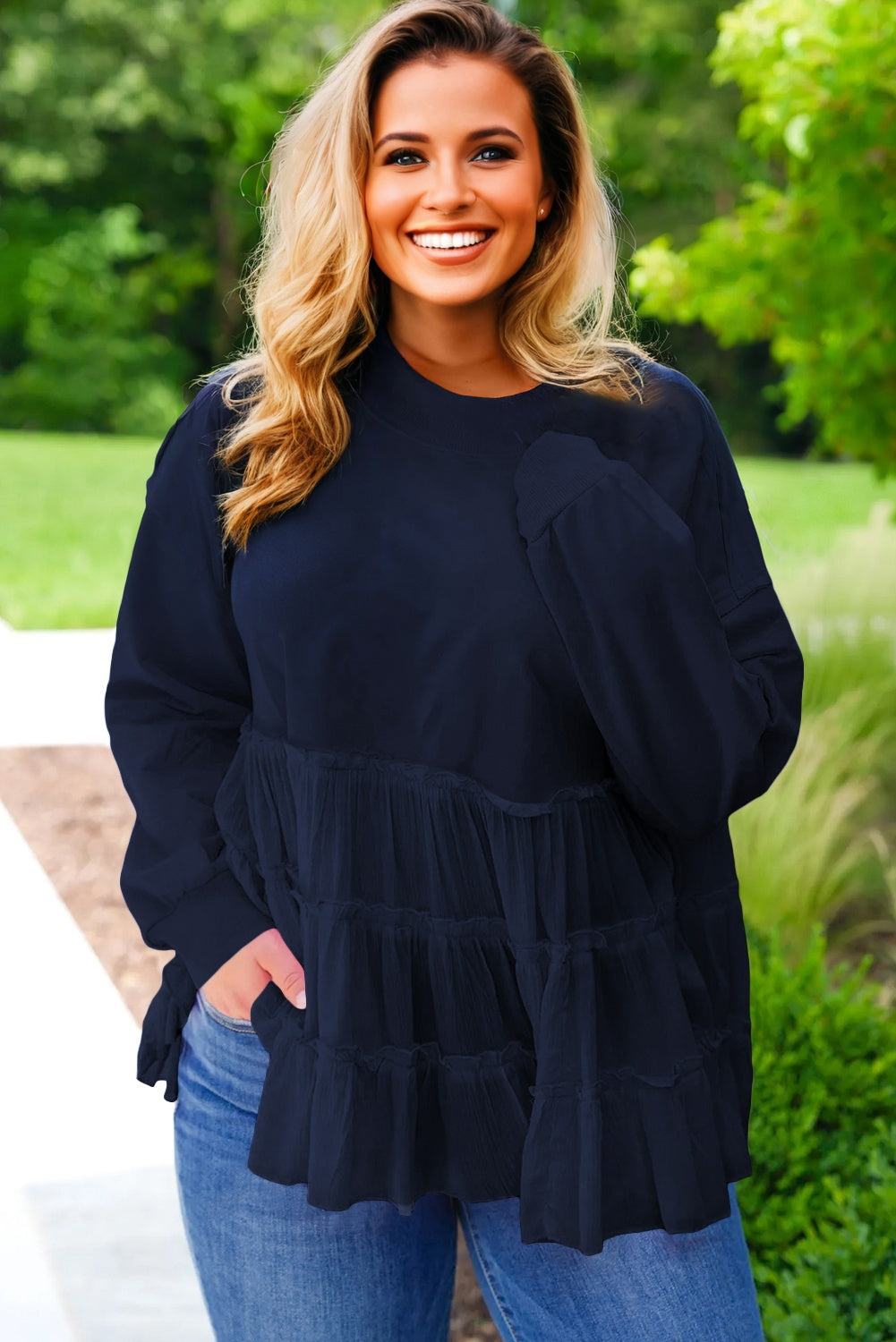 Navy Blue Tiered Ruffle Ribbed Crew Neck Pullover Plus Size Top