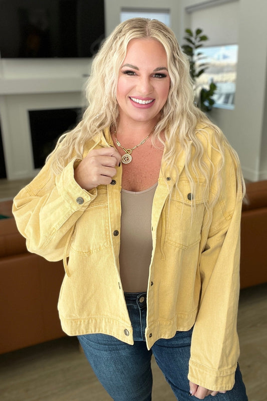 Cropped Hooded Denim Jacket in Mustard (Online Exclusive)