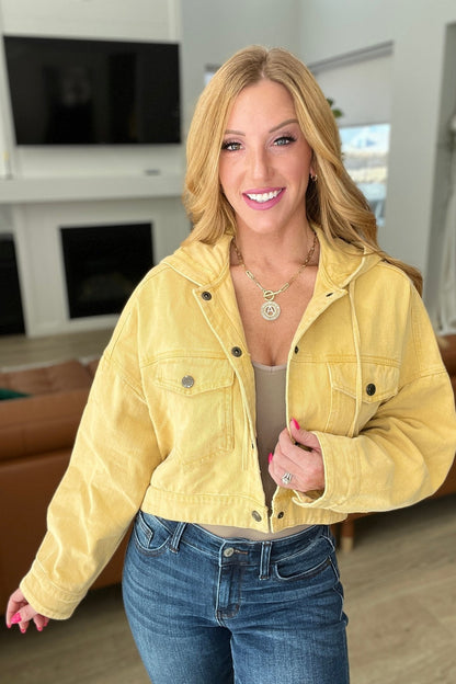 Cropped Hooded Denim Jacket in Mustard (Online Exclusive)