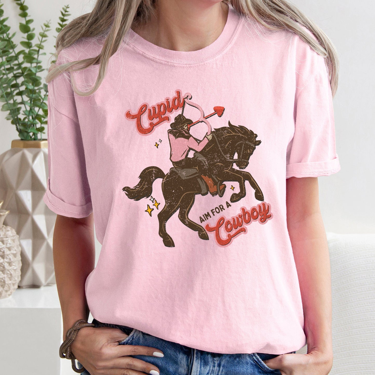 Cupid Aim For A Cowboy, Horse, Western, Country, Comfort Colors Tshirt, Valentine's Day