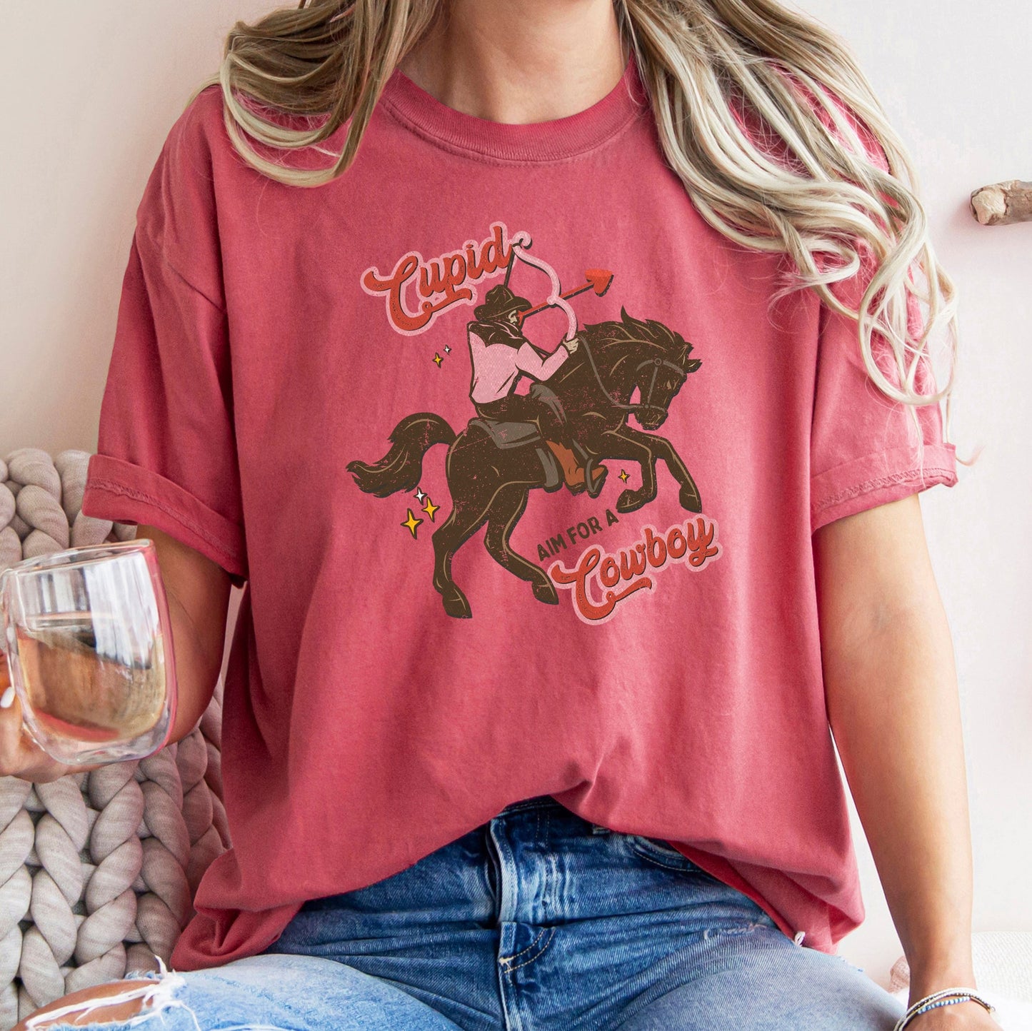 Cupid Aim For A Cowboy, Horse, Western, Country, Comfort Colors Tshirt, Valentine's Day