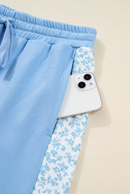 Beau Blue Floral Patchwork Drop Shoulder Pullover and Sweatpants Lounge Set