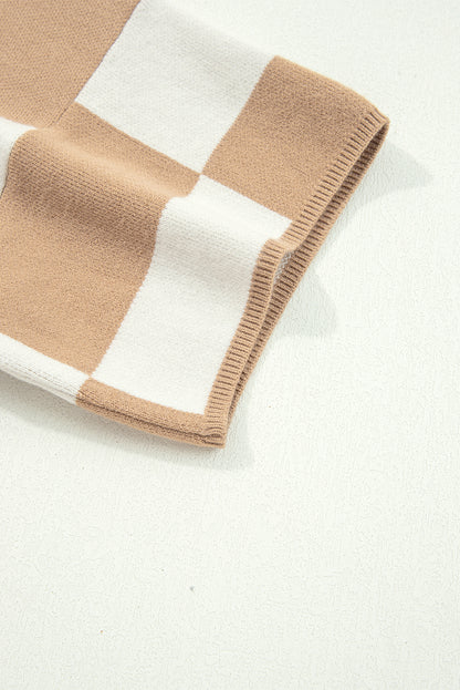 Light French Beige Checkered Pattern Loose Drop Shoulder Half Sleeve Sweater