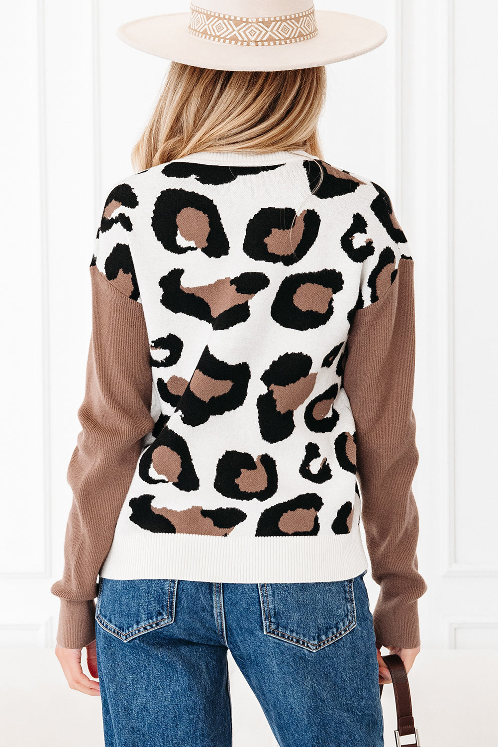 Leopard Colorblock Drop Shoulder V-Neck Sweater