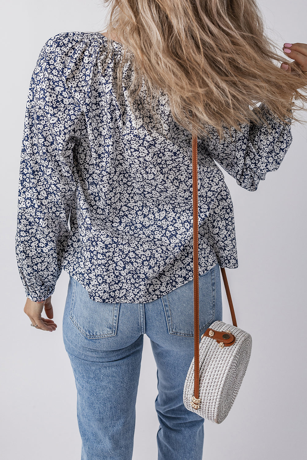 Blue Floral Print Notched V Neck Puff Sleeve Blouse Aaria Tees