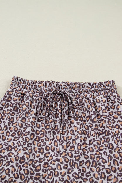 Khaki Leopard Ribbed Long Sleeve Top Drawstring Shorts 2pcs Outfit