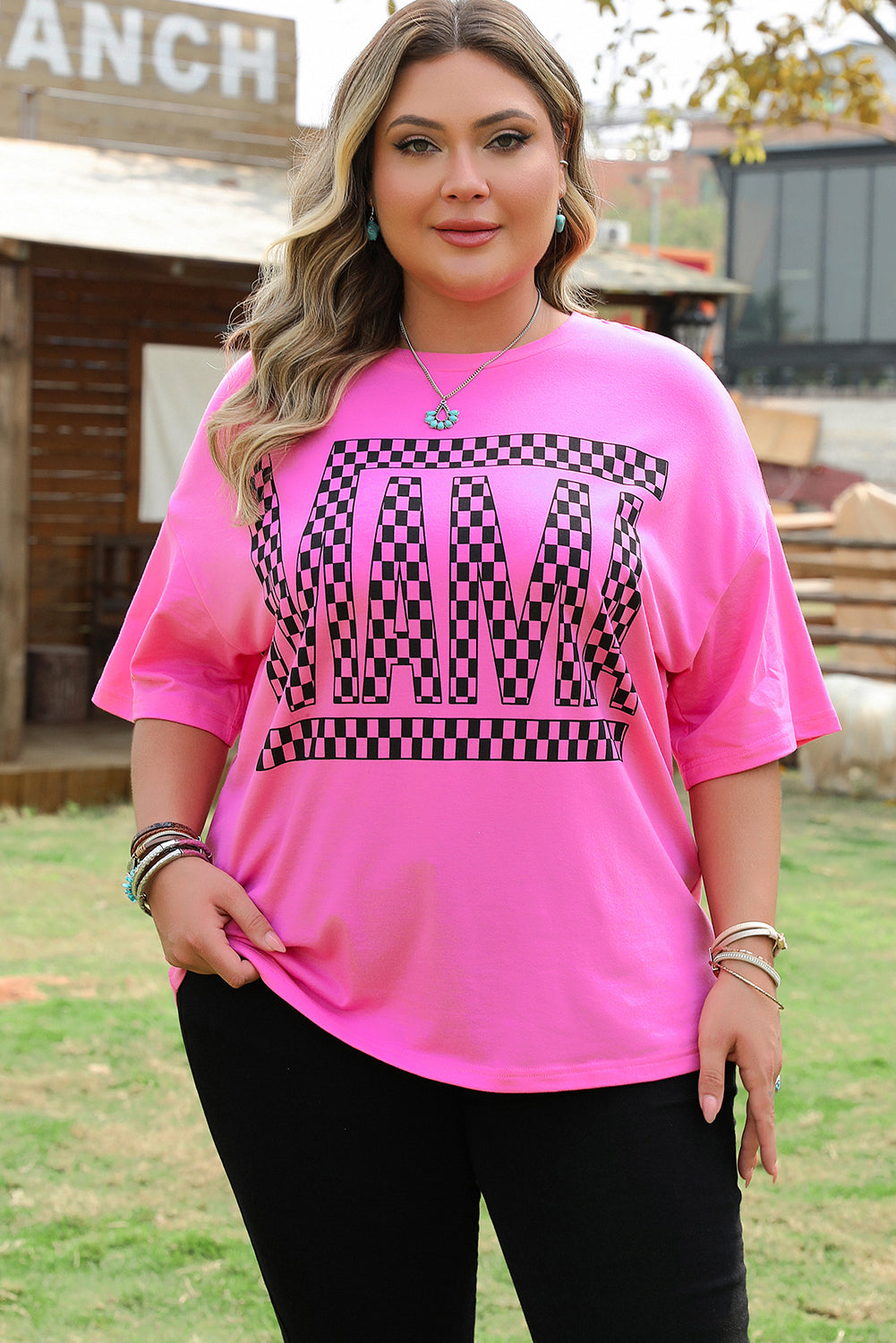 Bright Pink Checker MAMA Letter Printed Graphic Plus Size T Shirt - Aaria Tees