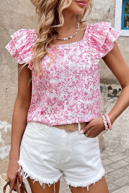 Sky Blue Floral Ruffled Short Sleeve Bow Back Square Neck Blouse