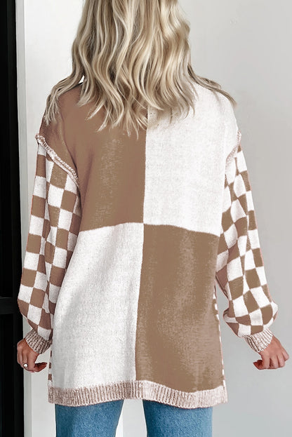 Brown Checkered Bubble Sleeve Drop Shoulder Open Cardigan