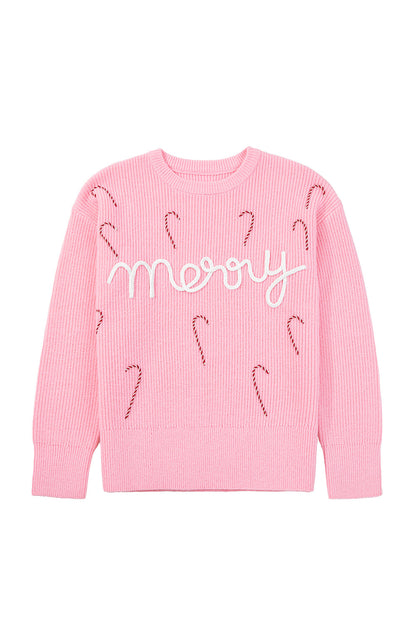 Merry Candy Cane Embroidered Crewneck Sweater