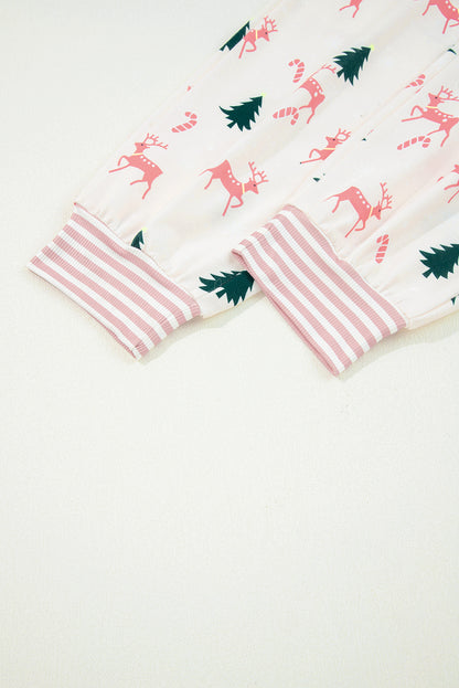 Pink Bow Christmas Tree Print Contrast Striped Banding 2pcs Lounge Set