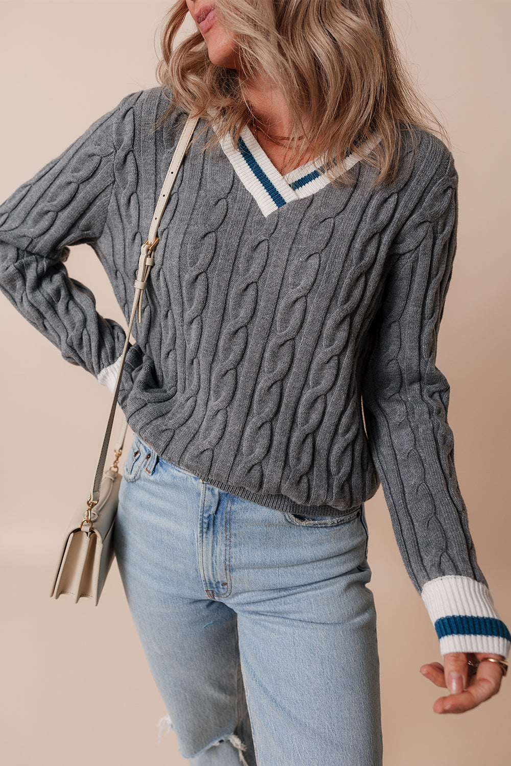 Kayle Ribbed Edge Cable Knit V Neck Sweater Threaded Pear