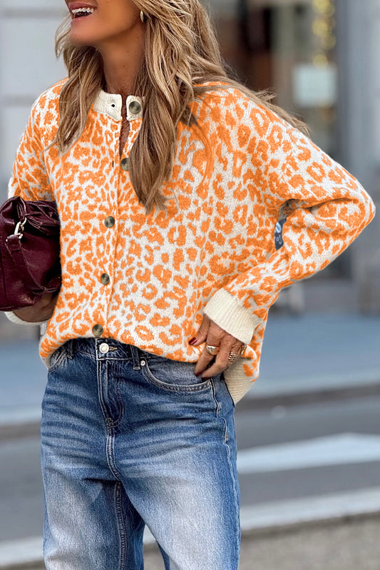 Orange Leopard Drop Shoulder Knitted Cardigan