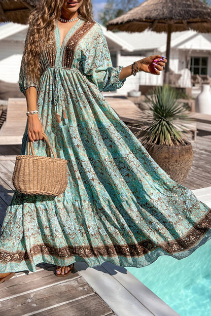 Green Boho Floral Print Lace-up Open Back High Waist Maxi Dress Aaria Tees