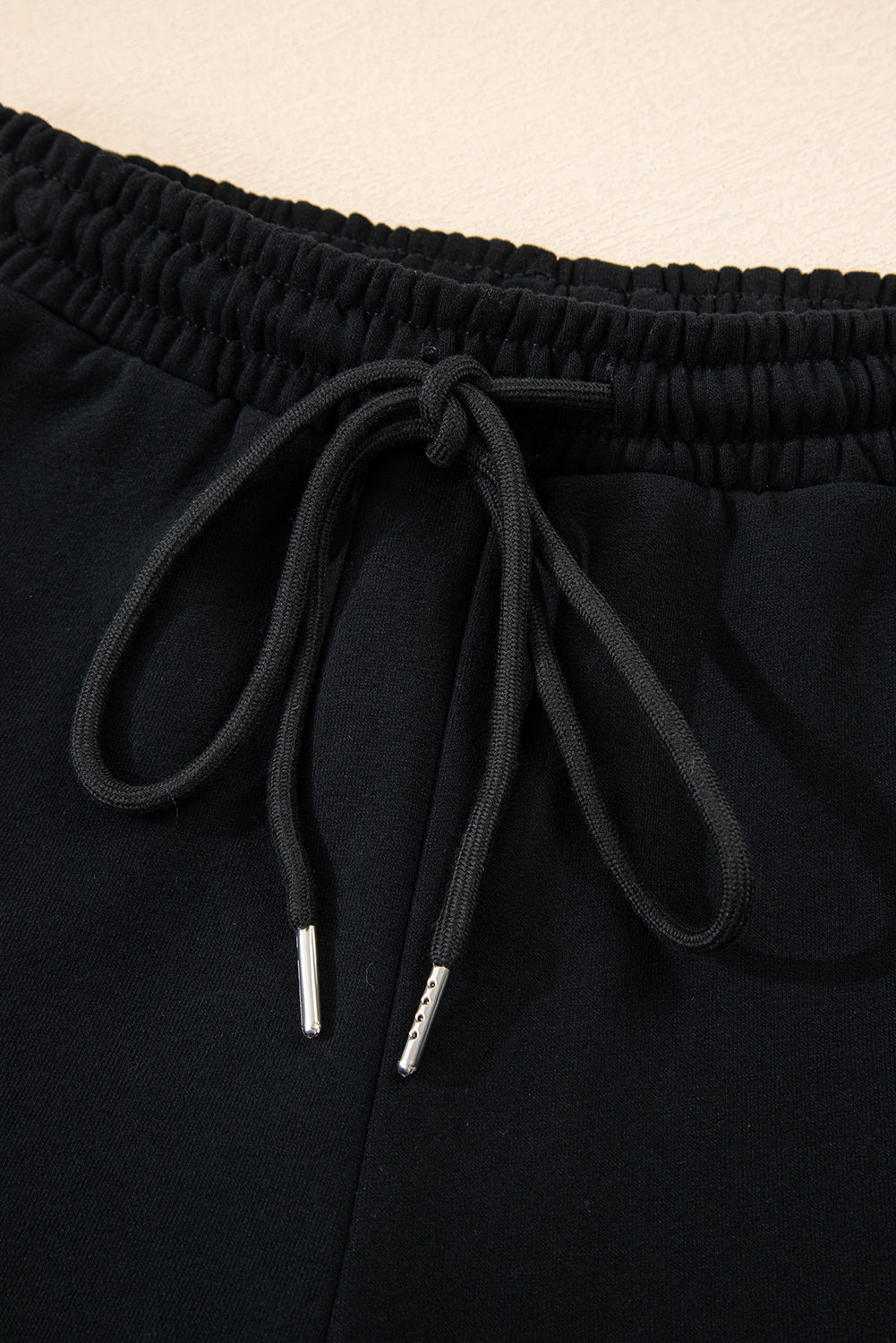 Black Button Drawstring Hooded Pullover and Casual Short Set