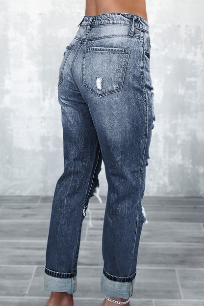 Sky Blue Light Wash Frayed Slim Fit High Waist Jeans - Aaria Tees