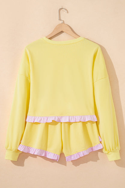 Ruffle Trim Patchwork Pullover and Shorts Set