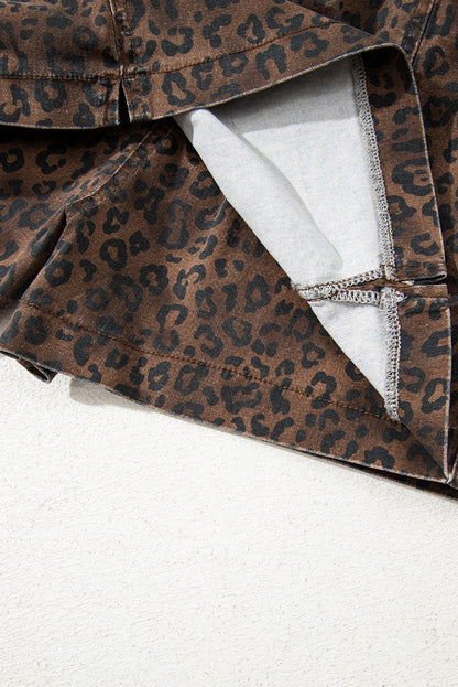 Brown Leopard Print Elastic Waist Drawstring Denim Skort