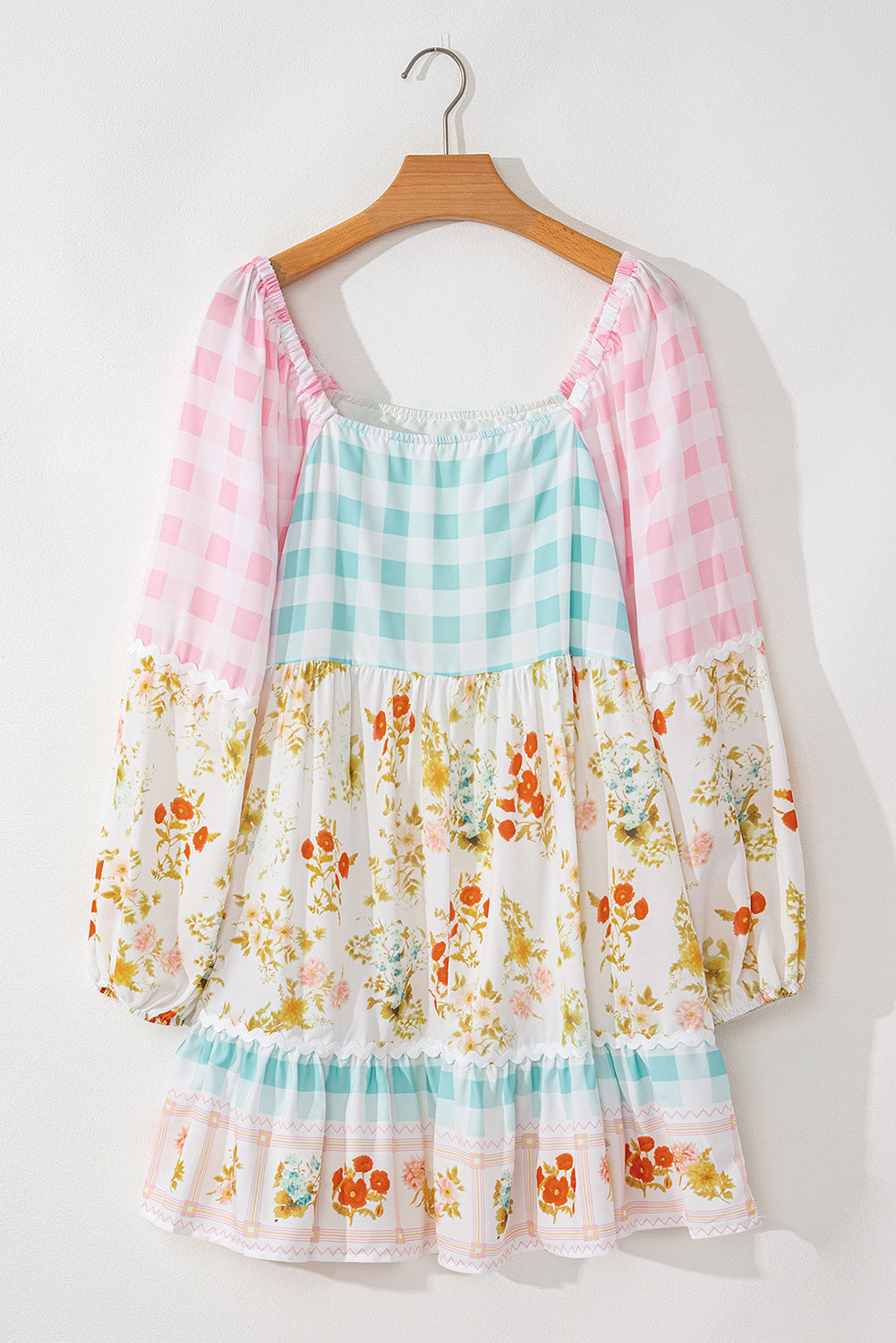 Pink Ric Rac Plaid Floral Print Patchwork Bubble Sleeve Dress Aaria Tees