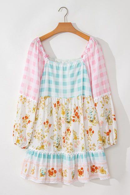 Pink Ric Rac Plaid Floral Print Patchwork Bubble Sleeve Dress Aaria Tees