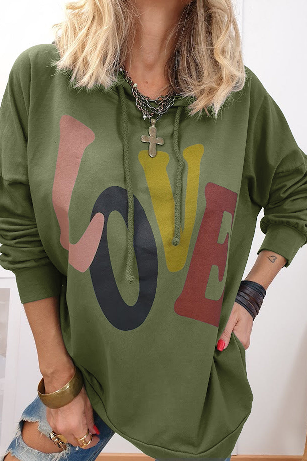 Mist Green LOVE Letter Graphic Drop Shoulder Oversize Hoodie - Aaria Tees