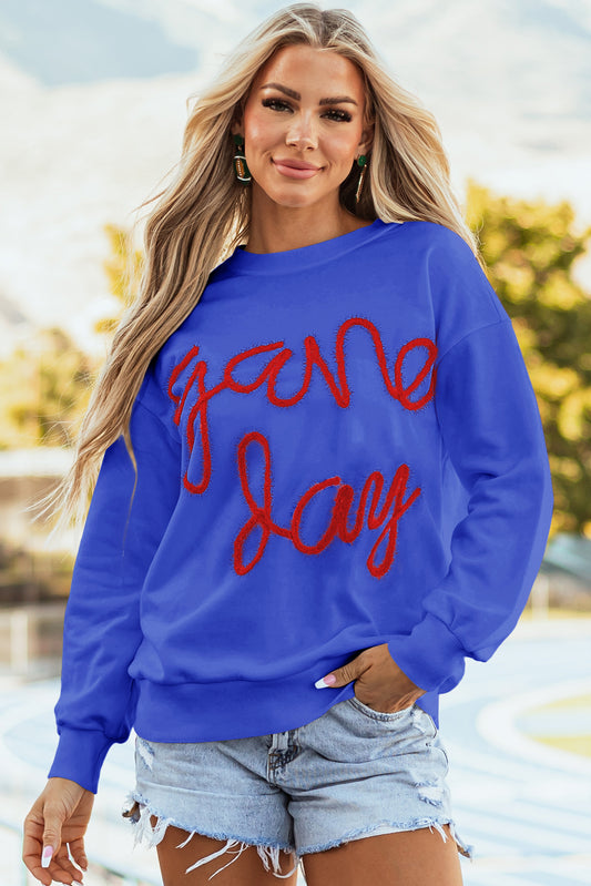 Dark Blue Tinsel Game Day Drop Shoulder Graphic Sweatshirt - Aaria Tees