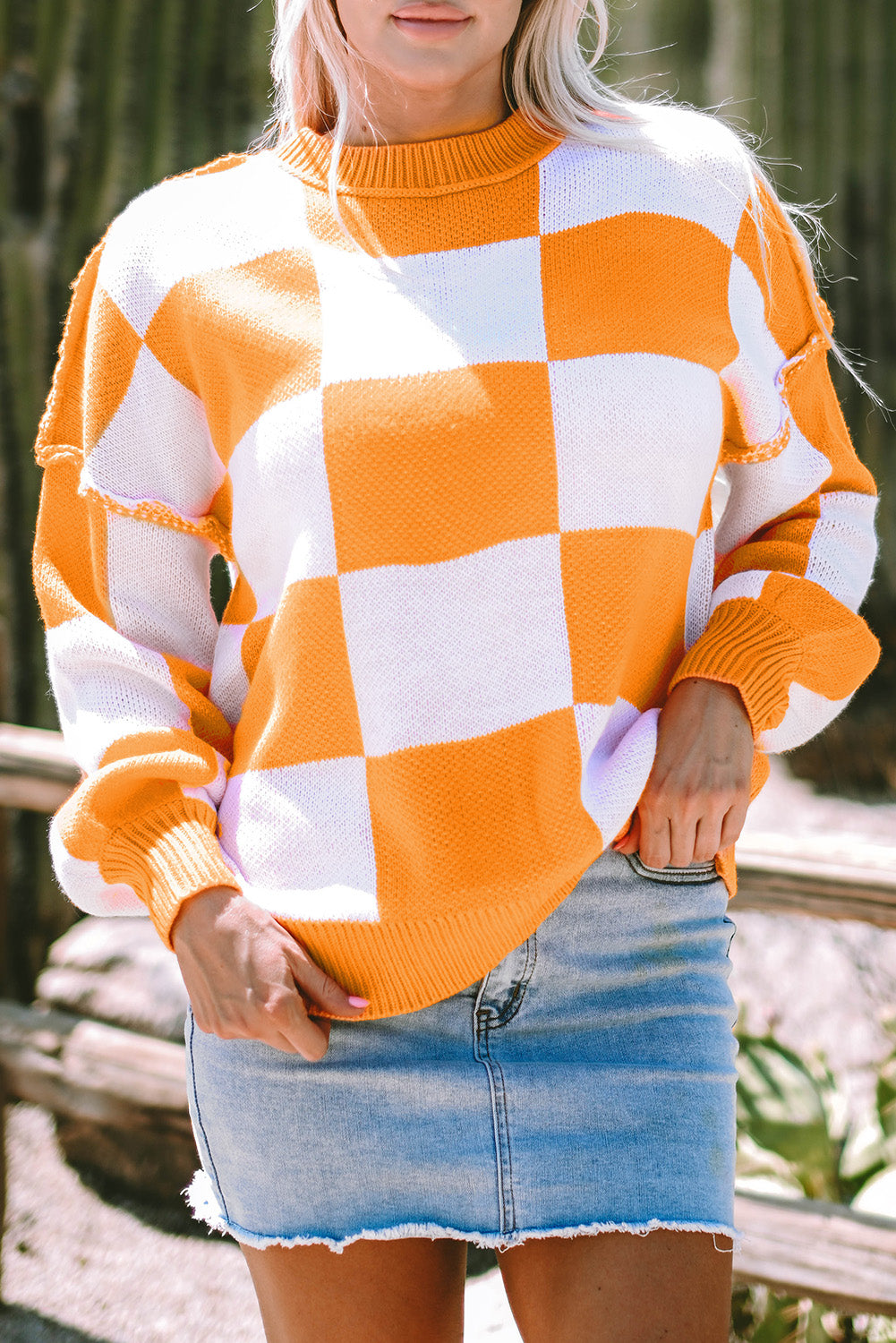 Orange Checkered Bishop Sleeve Sweater Aaria Tees