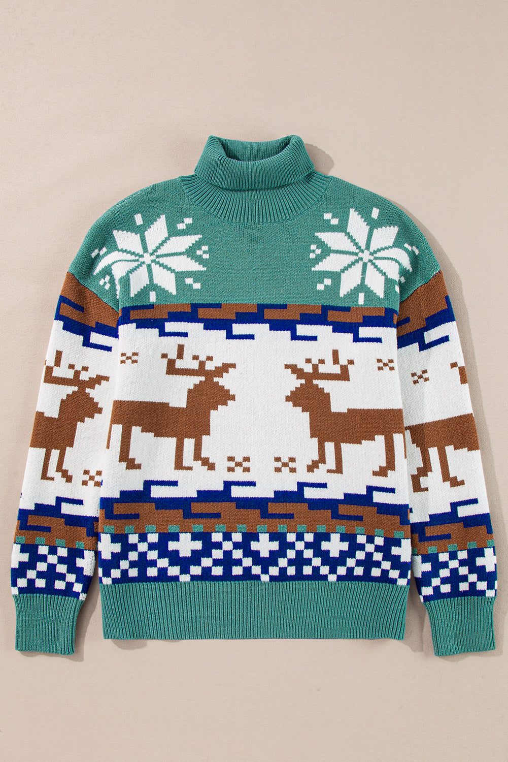 Christmas Reindeer Snowflake Colorblock Turtleneck Sweater