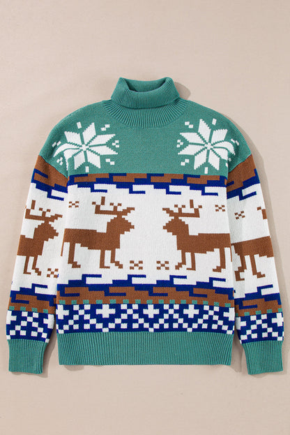 Christmas Reindeer Snowflake Colorblock Turtleneck Sweater