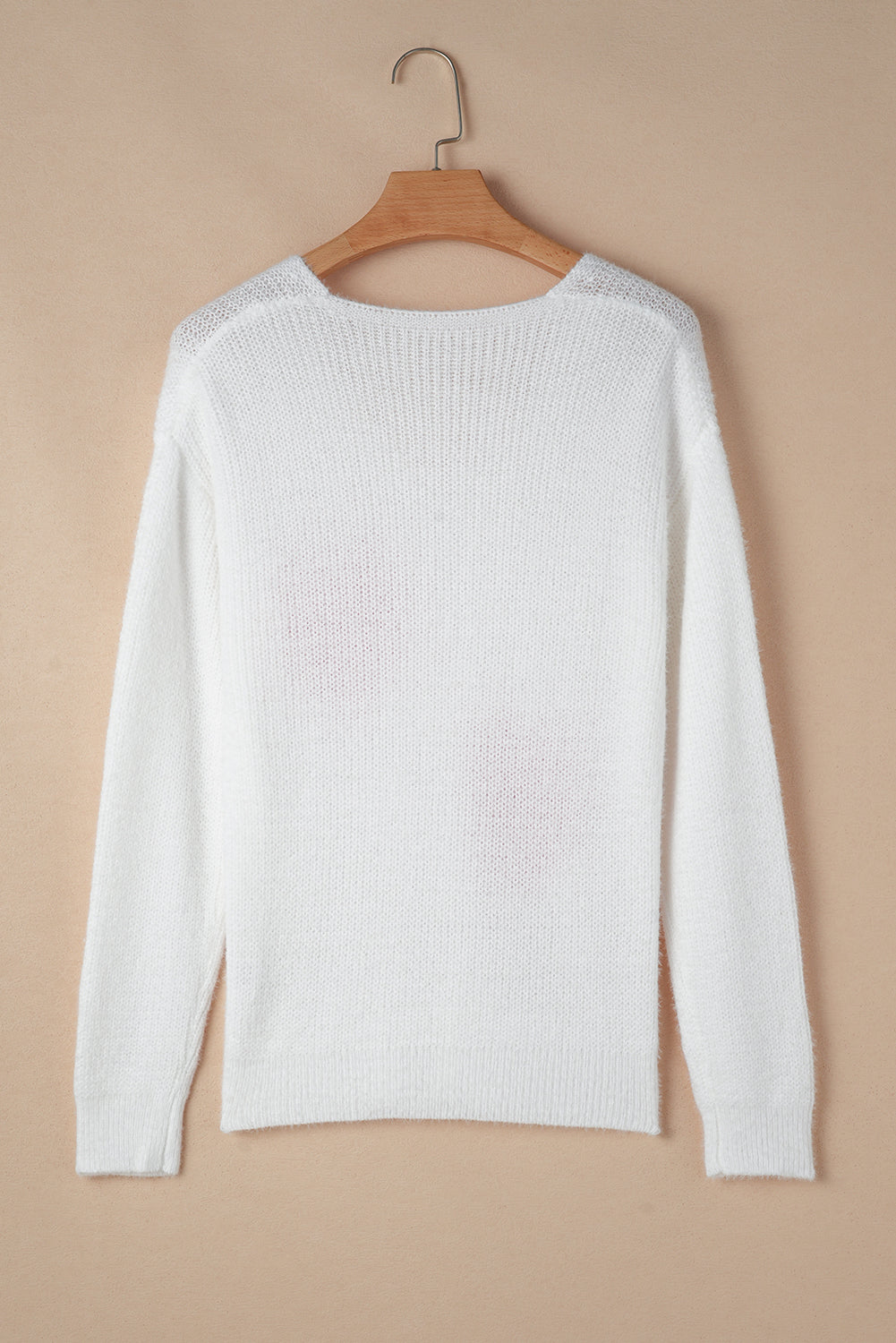 White Pearl Beaded Heart Pattern Fuzzy V Neck Sweater Aaria Tees