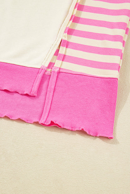 Pink Stripe Contrast Polo Collar Drop Shoulder Patchwork Plus Size Pullover