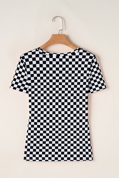 Black Checkered Ribbed Slim Fit Crew Neck T Shirt